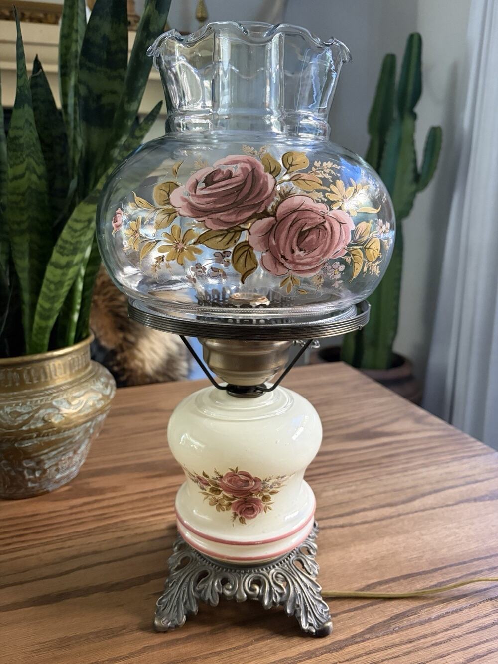 Vintage Hurricane Lamp Pink Rose Glass Table Lamp